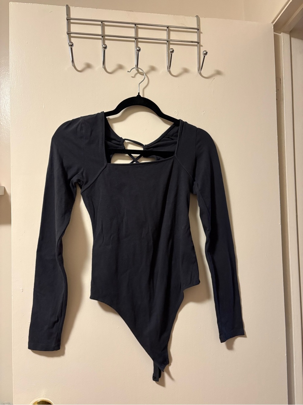 American Eagle Outfitters Black Long-Sleeve Strappy-Back Bodysuit